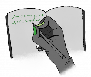Zeichnung einer Hand, die mit einem Stift etwas in ein Buch oder Heft schreibt. Hand, Stift und Buch sind in verschiedenen Grautönen gehalten. Nur die Findernägel der Hand sind farbig, nämlich in den Farben der Aro-Flagge lackiert. Außerdem ist der in das Buch geschriebene Text grün.