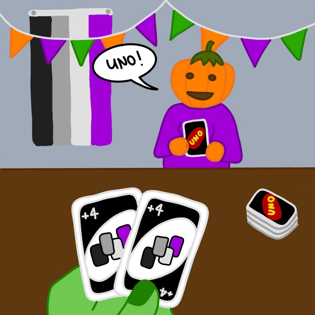 Eine Figur mit einem Kürbiskopf und einem lila Gewand sitzt an einem braunen Tisch. Sie hält eine Uno-Karte in den Händen und sagt "UNO!". Auf dem Tisch liegt ein Stapel Uno-Karten. Im Vordergrund ist eine grüne Hand zu sehen, welche zwei Plus-Vier-Karten hält. Das Design dieser Karten ist in Ace-Farben gehalten. Im Hintergrund hängen an der grauen Wand eine Wimpelkette mit orangen, grünen und lila Wimpeln sowie eine Ace-Flagge.