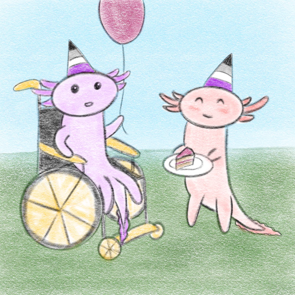 Zwei Axolotl sind auf einer Wiese. Das linke Axolotl ist lila und sitzt in einem schwarz-gelben Rollstuhl. Es hält einen roten Luftballon in der Hand und hat glänzende Augen. Das rechte Axolotl ist rosa und hält einen Teller mit einem Kuchenstück in den Händen. Es lächelt mit geschlossenen Augen. Beide tragen jeweils einen Partyhut in Ace-Farben.