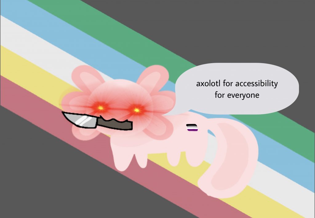 Auf der Disability Pride Flagge ist im Vordergrund ein Axolotl zu sehen. Es hat einen Ace-Flagge-Schönheitsfleck am Hintern. Die Augen glühen rot mit gelber Mitte und im Mund trägt es ein Messer.
Eine Sprechblase sagt: "axolotl for accessibility for everyone".