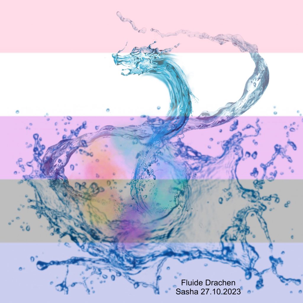 Auf einer blassen genderfluid Flagge im HIntergrund ist ein Wasserwirbel zu sehen, der sich mittig zu einem Drachenkopf formt. Hinter dem Wasser schimmern farbige Kleckse hervor.
