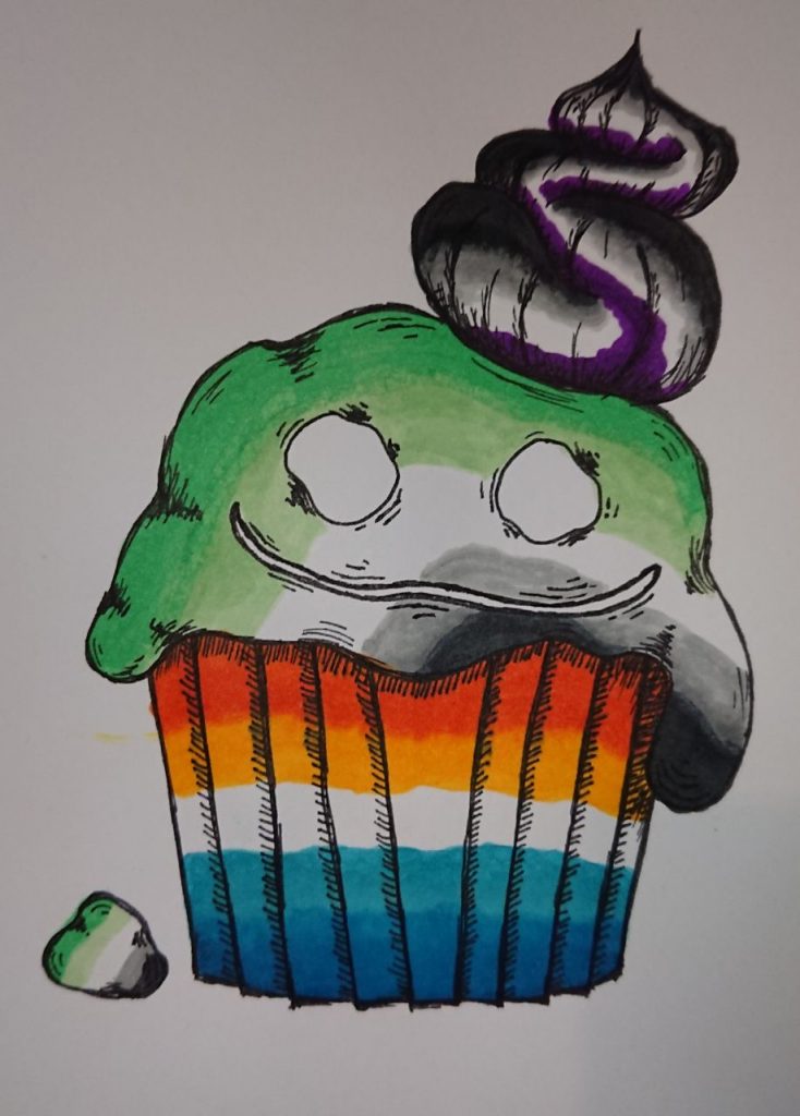 Ein aroace Muffin-Monster. Der Teil der bei einem Muffin der Teig wäre ist ein Blob mit Augen und Mund in den Farben der aro Flagge. Er hat ein oben drauf ein Sahnehäubchen in ace Farben und das Muffinförmchen in dem er sitzt ist in der aroace Flagge (Sunsetflag) gestreift.